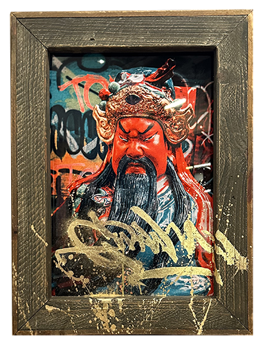 Emperor Guan Yu with a graffiti background, gold leaf graffiti tag spells out GWAN